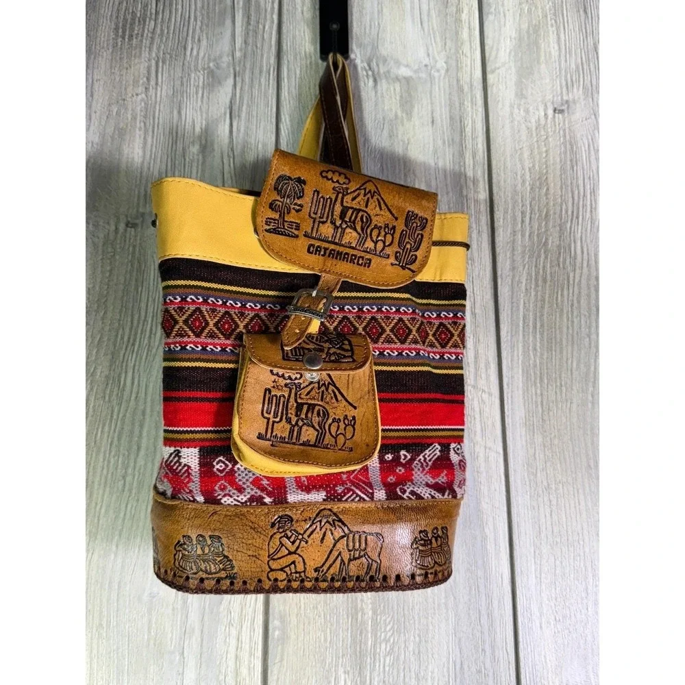 Cajamarca Peru Leather Woven Backpack Andean Llama Embossed Boho Rucksack Bag